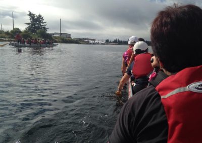 View down the length of the dragon boat as the crew paddles